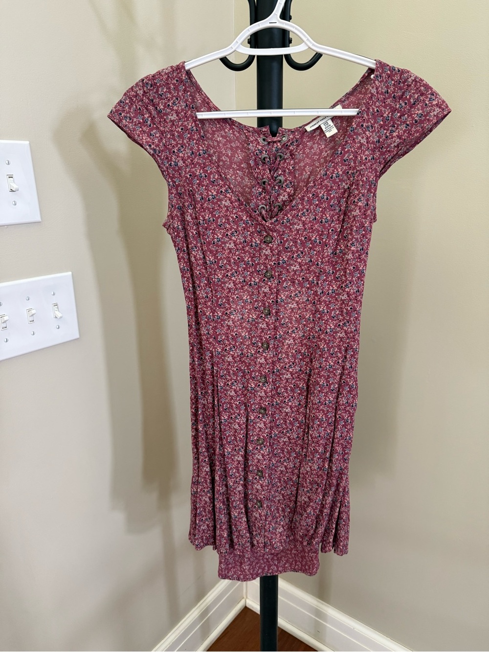 American Eagle Outfitters Mauve Floral Lace-Up Button Front Mini Dress